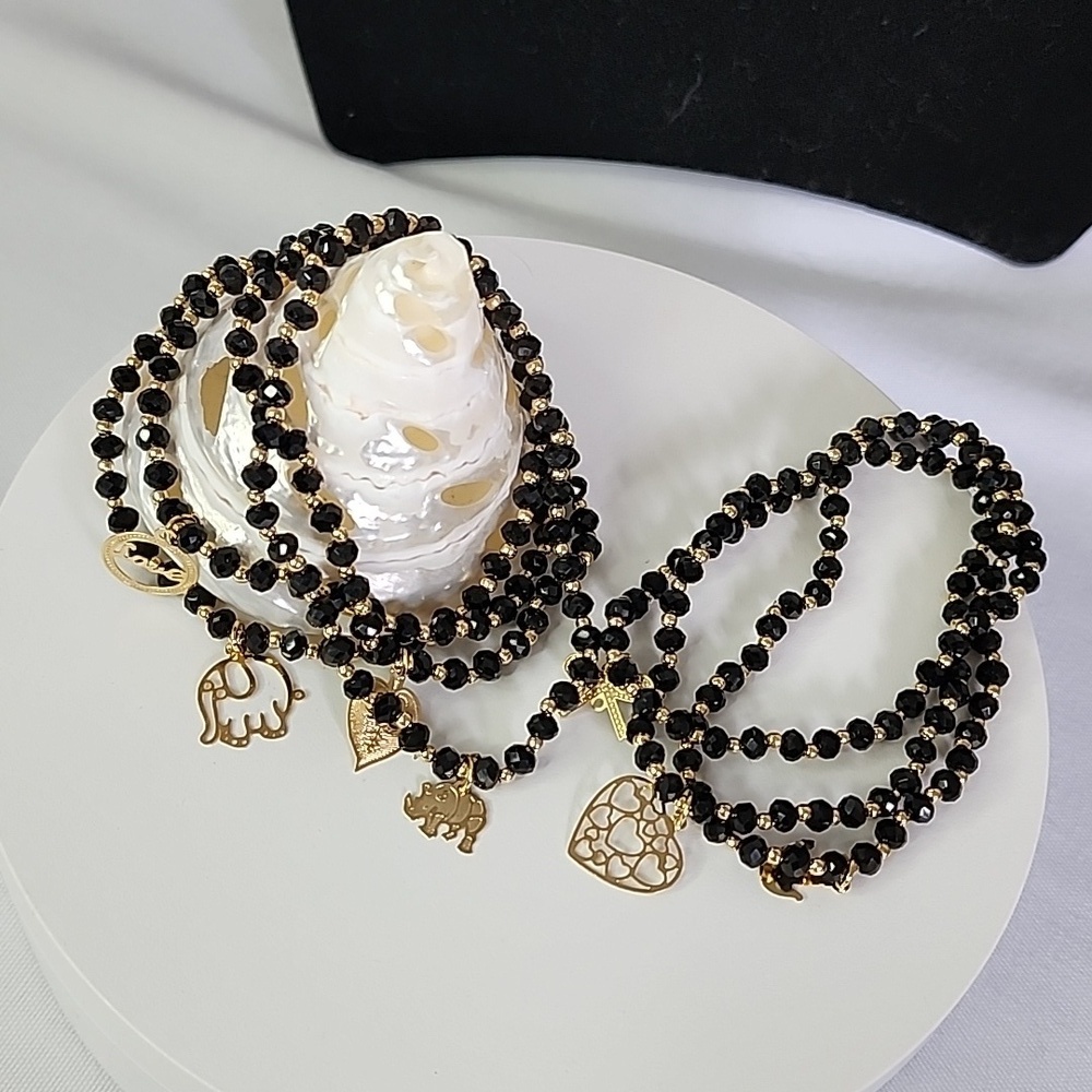 Set of 7 Black Crystal Bead Stretch Bracelet with Charm New